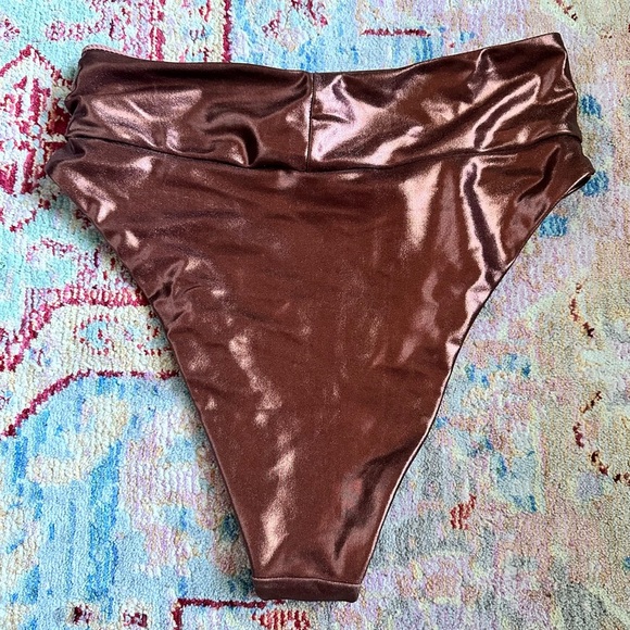 Aerie High Waisted High Cut Cheeky Metallic Brown Bikini Bottoms - Picture 2 of 3